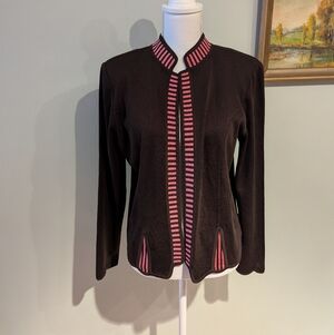 Ming Wang Women's Medium Brown Open Front Cardigan Sweater Jacket Pink Trim
